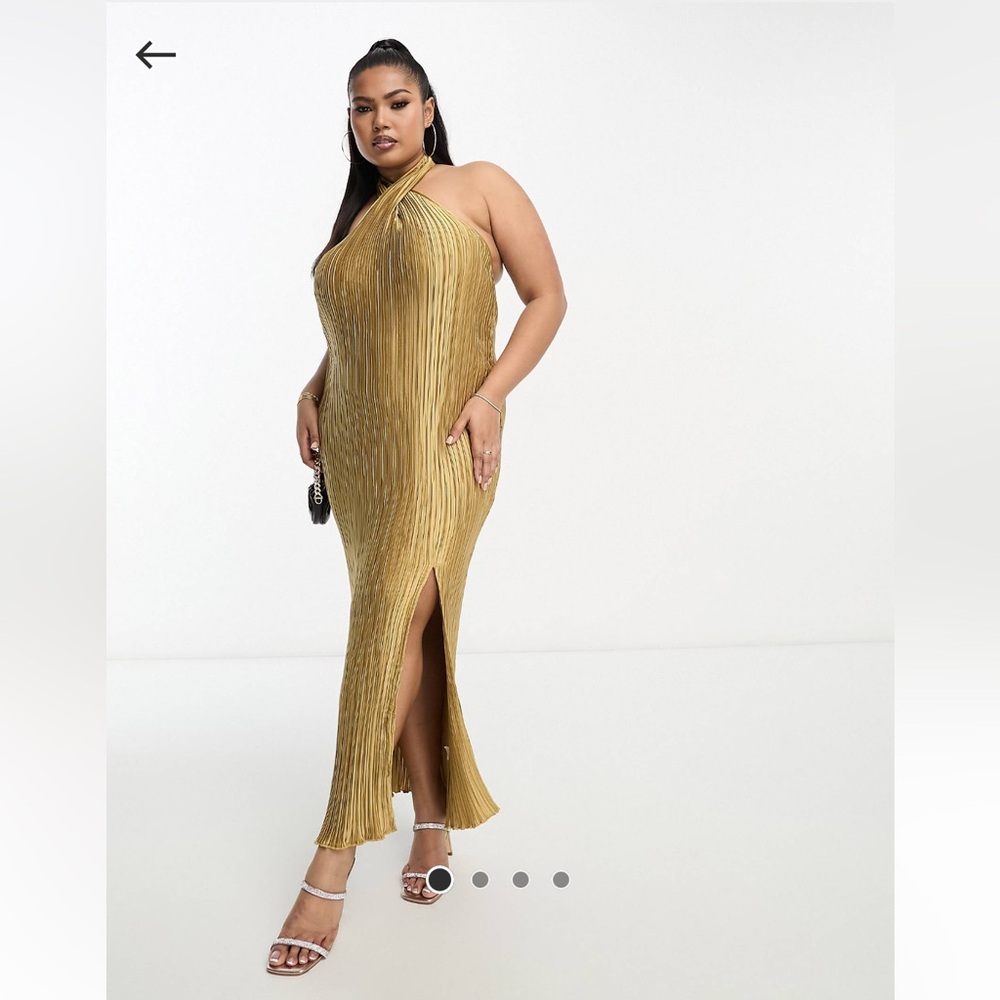 ASOS Curve gold satin plisse twist halterneck midi dress